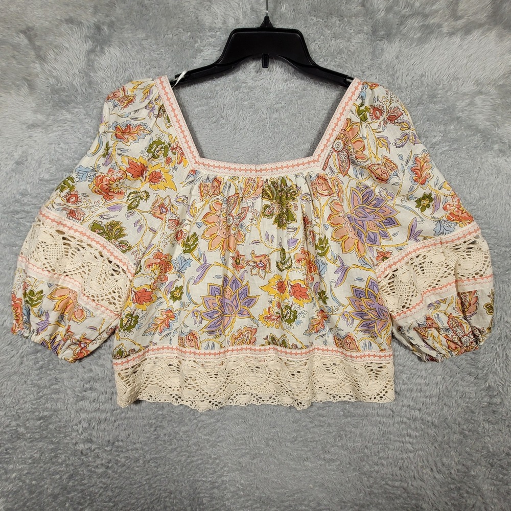 Christian Siriano New York Floral Print Crochet Trim Linen Blend Blouse‎ - Picture 3 of 6